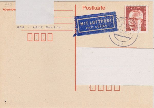 BERLIN 364 - Postkarte (Gustav Heinemann) - Währungsunion - mit Tagesstempel vom 01-07-1990