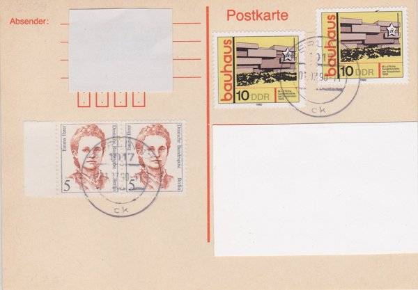 BERLIN 833 (2x), DDR 2509 (2x) - Postkarte - Währungsunion - Remailing - Stempel vom 01-07-1990