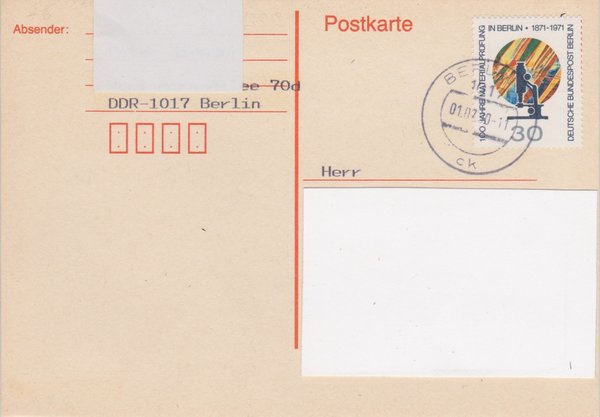 BERLIN 416 - Postkarte - Währungsunion - Ost/West mit Ersttags-Tagesstempel vom 01-07-1990