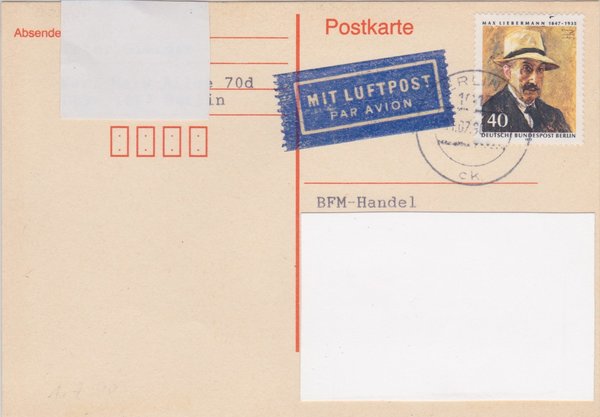BERLIN 434 - Postkarte (Liebermann) Währungsunion - mit Ersttags-Tagesstempel vom 01-07-1990