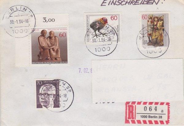 BERLIN 366, 626, Bund 1099, 1102 - Einschreibebrief Berlin - mit Tagesstempel vom 31-01-1984