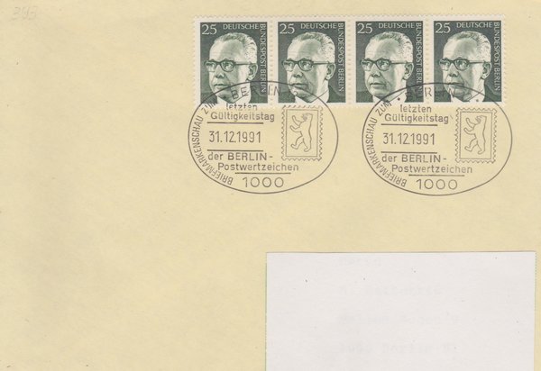BERLIN 393 (4x) - Standardbrief (Gustav Heinemann) mit Letzttags-Sonderstempel vom 31-12-1991
