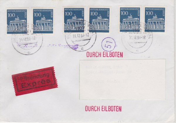 BERLIN 290 (6x) - Expressbrief mit Letzttags-Tagesstempel des Postamtes O-1107 Rosenthal 31-12-1991