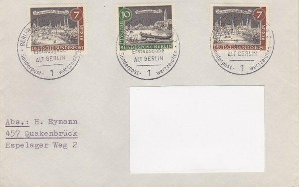 BERLIN 218 (2x), 219 - Ersttagsbrief (Alt-Berlin) mit Ersttags-Sonderstempel vom 27-06-1962, zuadr..