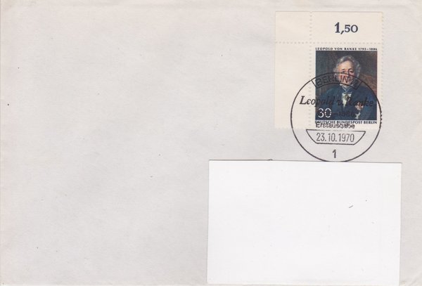 BERLIN 377 - Ersttagsbrief (Leopold von Ranke) mit Ersttags-Sonderstempel vom 23-10-1970 zuadr.