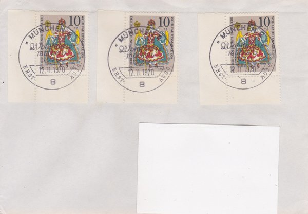 BERLIN 378 (3x) - Ersttagsbrief (Weihnachten) mit Ersttags-Sonderstempel vom 12-11-1970 zuadr.