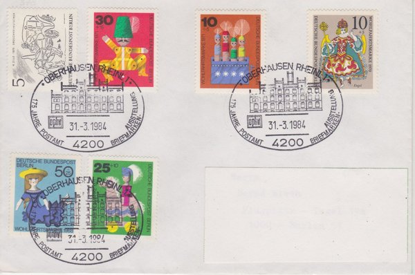 BERLIN 325, 330, 378, 412, 413, 414 - Standardbrief mit Sonderstempel Oberhausen vom 31-03-1984