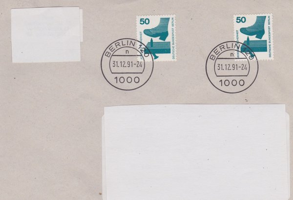 BERLIN 408 Standardbrief <Unfallverhütung> mit Letzttags-Tagesstempel Berlin vom 31-12-1991- 24 Uhr