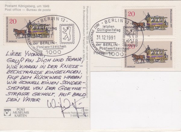 BERLIN 446 (3x) - Postkarte (Verkehrsmittel) mit Letzttags-Sonderstempel vom 31-12-1991
