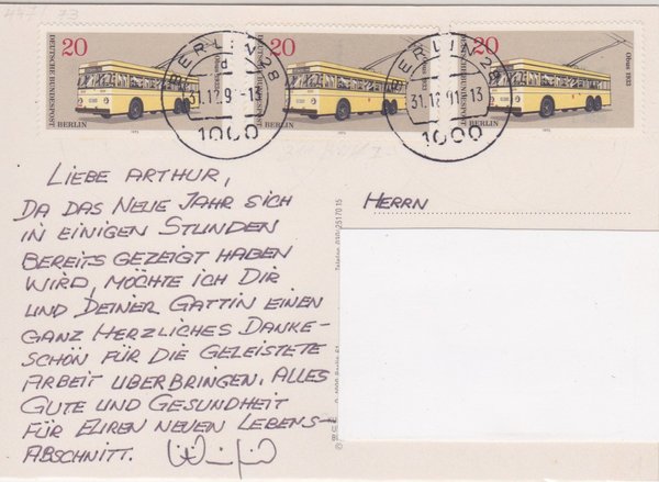BERLIN 447 (3x) - Postkarte (Verkehrsmittel) mit Letzttags-Tagesstempel vom 31-12-1991