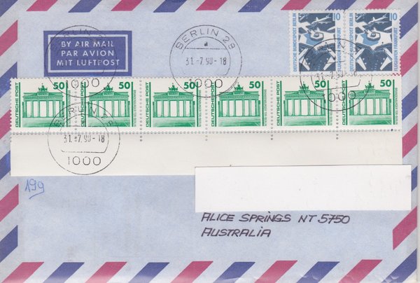 DP 3346 Rolle+Rand (6x) - Luftpostbrief - (Bauwerke + Denkmäler) - Ersttags-Tagesstempel 31-07-1990