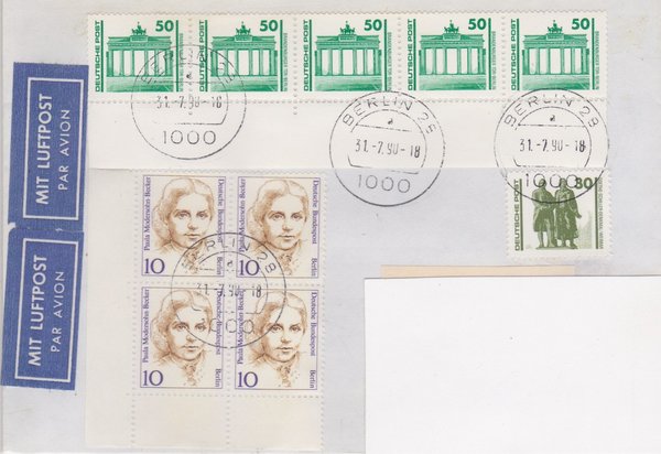 BERLIN 806, DP 3345, 3346 Rollenmarke mit Rand (5x) ua - Luftpostbrief - Ersttagsstempel 31-07-1990