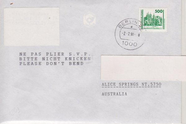 DP 3352 - Auslandsbrief (Bauwerke + Denkmäler) - Währungsunion - Stempel vom 02-07-1990 - unzulässig