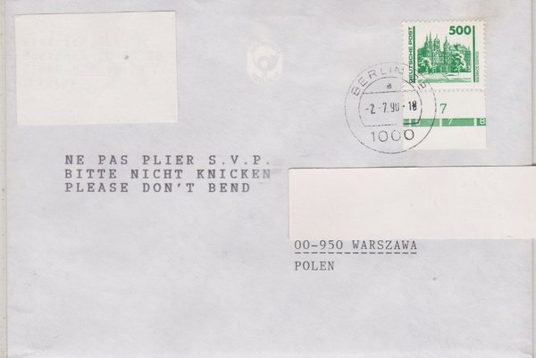 DP 3352 - Auslandsbrief (Bauwerke + Denkmäler) - Währungsunion -Stempel vom 02-07-1990 - unzulässig
