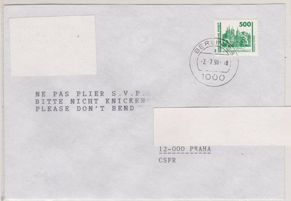 DP 3352 - Auslandsbrief (Bauwerke + Denkmäler) - Währungsunion - Stempel vom 02-07-1990 - unzulässig