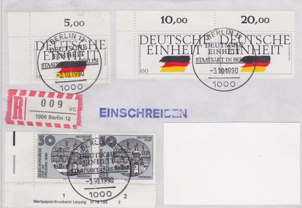 BUND 1477, 1478, DP 3360, Einschreibebrief, Tag der Deutschen Einheit, Sonderstempel vom 03-10-1990