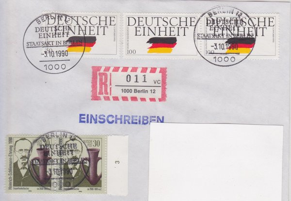 BUND 1477, 1478 (2x) ua Einschreibebrief <Deutsche Einheit> mit Sonderstempel Berlin vom 03-10-1990