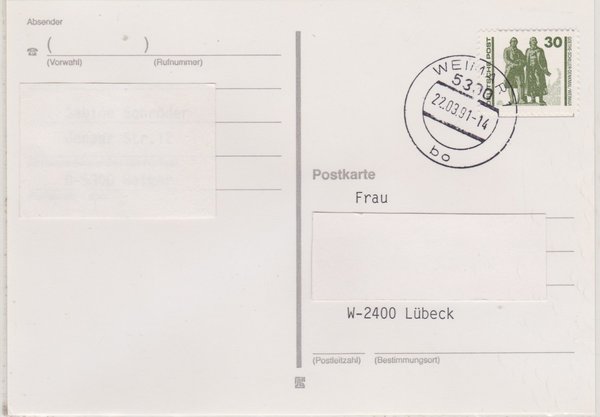 DP 3345 - Standard-Postkarte - (Bauwerke + Denkmäler) (VGO/ VGW) - mit Tagesstempel vom 22-03-1991