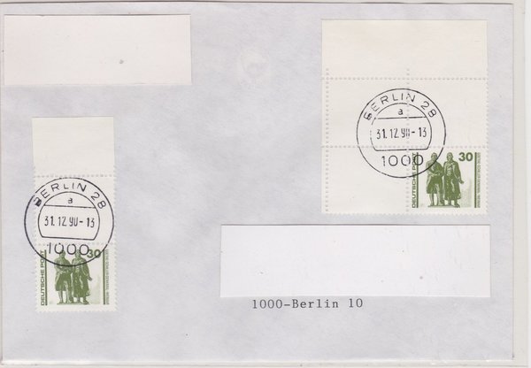DP 3345 (2x) aus MH-Bogen - Standardbrief - (Bauwerke + Denkmäler) mit Tagesstempel vom 31-12-1990