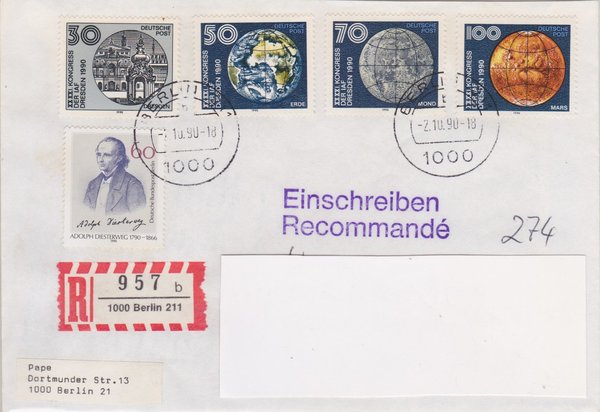 DP 3360-3363 Satz ua - Einschreibebrief - (Astronautische Föderation) - mit Tagesstempel 02-10-1990