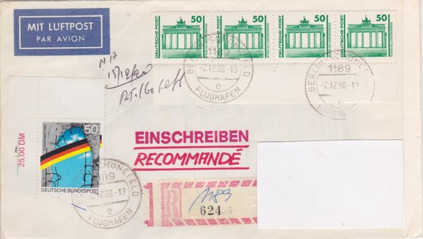 BUND 1481, DP 3346 Rollenmarke mit Rand - Einschreibebrief - Remailing  - Tagesstempel 02-12-1990
