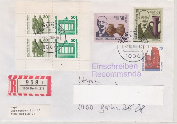 DP 3364 ua - Einschreibebrief - (Tod von Heinrich Schliemann ua) - Ersttags-Tagesstempel 02-10-1990