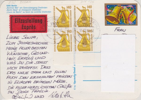 BERLIN 832 (4x) - Express-Postkarte - mit Letzttags-Tagesstempel 31-12-1991 Postamt 1107 Rosenthal