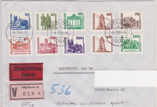 DP 3344-3352 Satz ua - Wertbrief (Bauwerke + Denkmäler ua) - mit Tagesstempel  vom 04-01-1991