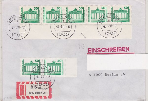 DP 3346 Rolle+Rand (5x) + 3346 MH Einschreibebrief -  (Bauwerke + Denkmäler) Tagesstempel 08-01-1991
