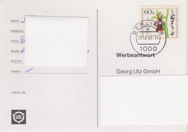 BERLIN 725 - Postkarte (Standard) - Berlin nach Schüttorf - mit Letzttags-Tagesstempel 31-12-1991