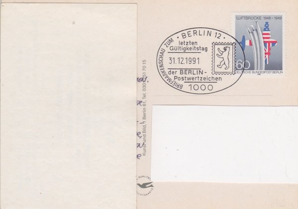 BERLIN 842 - Postkarte (Standard) - in Berlin (VGW) - mit Letzttags-Sonderstempel vom 31-12-1991