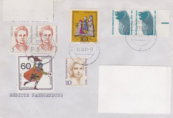 Berlin 352, 806, 833 ua - Standardbrief mit Letzttags-Stempel Postamt 1107 Rosenthal vom 31-12-1991