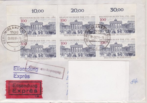 BUND 1492 (6x) - Expressbrief (200 Jahre Brandenburger Tor) mit Tagesstempel vom 06-08-1991