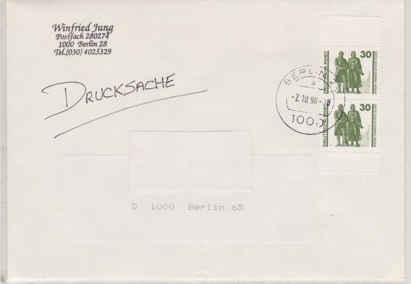 DP 3345 (2x) aus MH-Bl. 10 - Drucksache (Bauwerke + Denkmäler) mit Ersttags-Stempel vom 02-10-1990