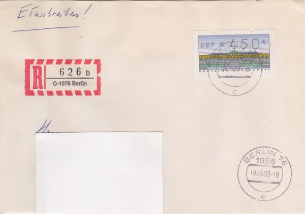 BUND ATM 2 - Einschreibebrief - Einschreibnummernzettel mit <O> 1076 Stempel vom 19-05-1993