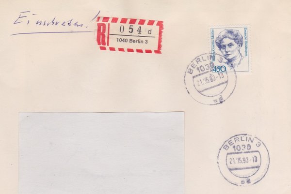 BUND 1614 - Einschreibebrief - von 1040 Berlin 3 - mit Tagesstempel vom 21-05-1993