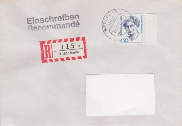 BUND 1614 - Einschreibebrief - Einschreibnummernzettel mit <O> 1055 Stempel vom 21-11-1992