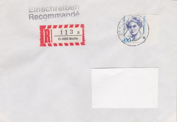 BUND 1614 - Einschreibebrief - Einschreibnummernzettel mit <O> 1055 Stempel vom 21-11-1992