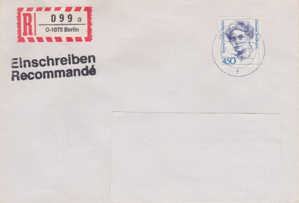 BUND 1614 - Einschreibebrief - Einschreibnummernzettel mit <O> 1075 Stempel vom 22-01-1993