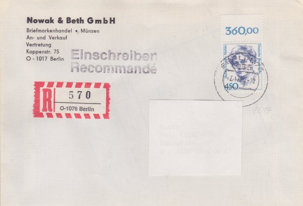 BUND 1614 - Einschreibebrief - Einschreibnummernzettel mit <O> 1076 Stempel vom 12-12-1992