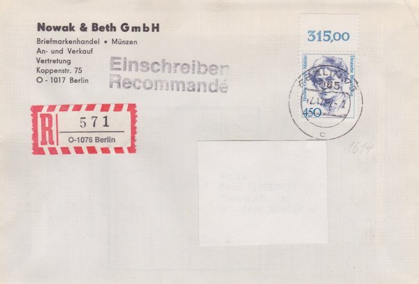 BUND 1614 - Einschreibebrief - Einschreibnummernzettel mit <O> 1076 Stempel vom 12-12-1992