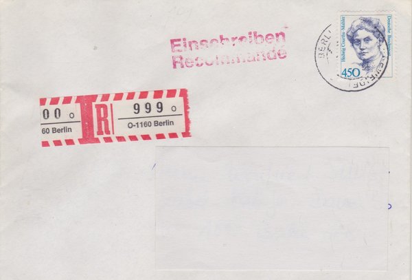 BUND 1614 - Einschreibebrief - Einschreibnummernzettel mit <O> 1160 Stempel vom 01-12-1992