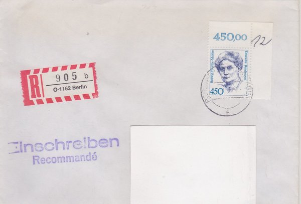 BUND 1614 - Einschreibebrief - Einschreibnummernzettel mit <O> 1162 Stempel vom 21-11-1992