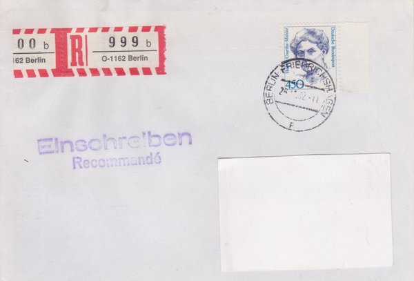 BUND 1614 - Einschreibebrief - Einschreibnummernzettel mit <O> 1162 Stempel vom 26-11-1992