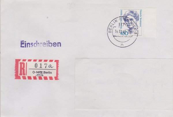 BUND 1614 - Einschreibebrief - Aufbrauch-R-Zettel mit <O> 1172 in 1176 - Stempel vom 16-12-1992