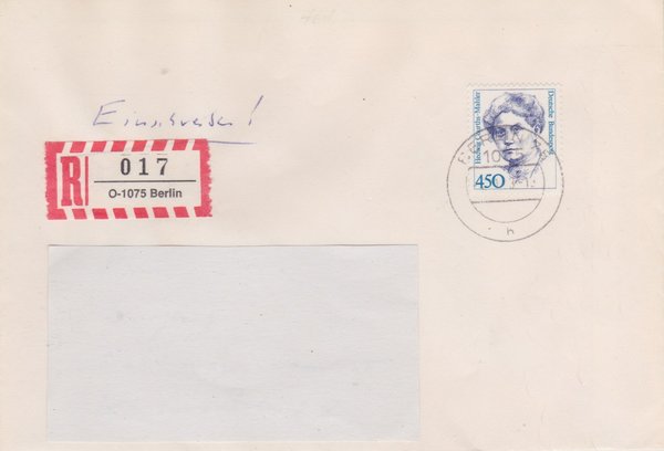 BUND 1614 - Einschreibebrief - Einschreibnummernzettel mit <O> 1075 Stempel vom 10-01-1993