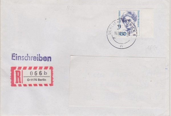 BUND 1614 - Einschreibebrief - Einschreibnummernzettel mit <O> 1176 Stempel vom 16-12-1992