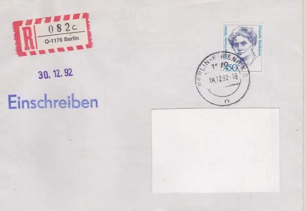 BUND 1614 - Einschreibenbrief - Einschreibnummernzettel mit <O> 1176 Stempel vom 18-12-1992