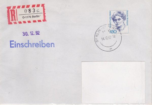 BUND 1614 - Einschreibenbrief - Einschreibnummernzettel mit <O> 1176 Stempel vom 18-12-1992