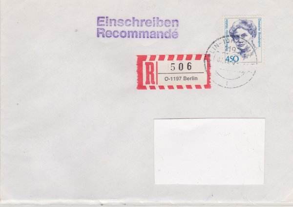 BUND 1614 - Einschreibenbrief - Einschreibnummernzettel mit <O> 1197 Stempel vom 07-11-1992